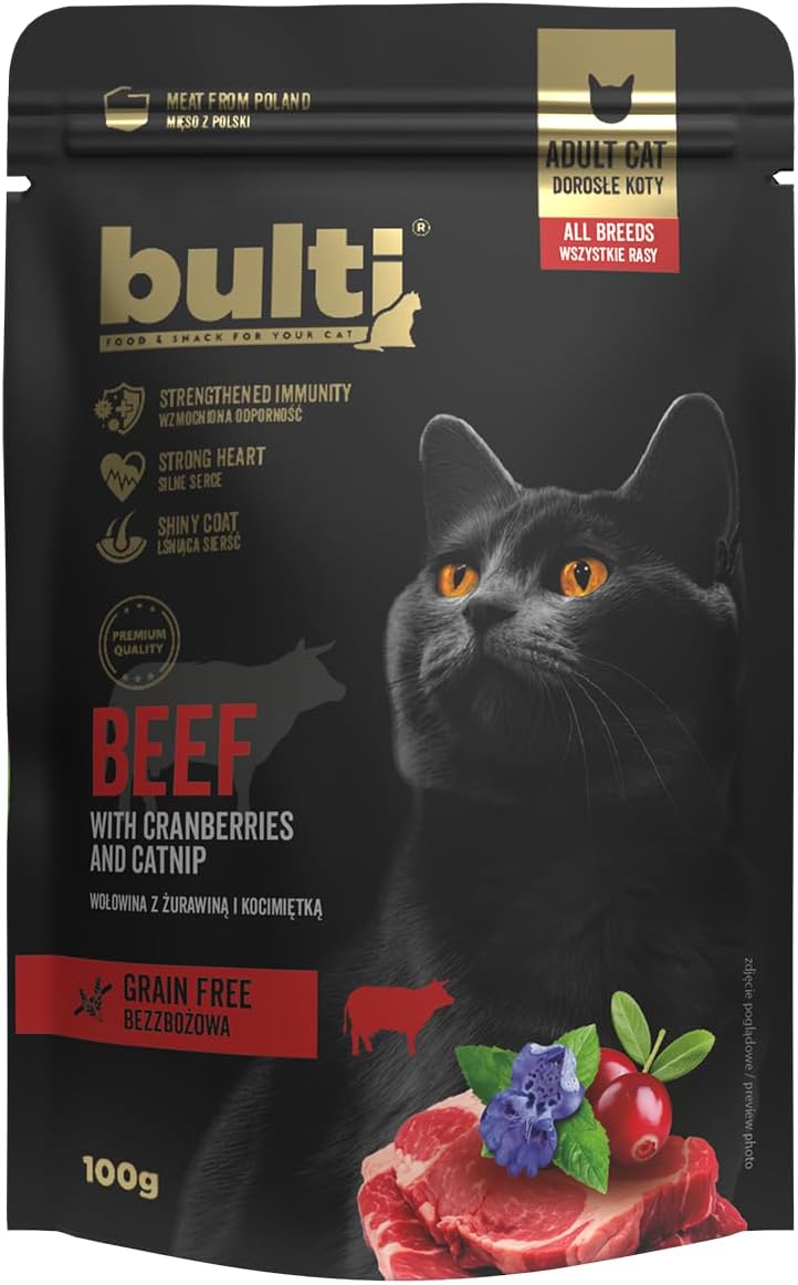 Bulti, Karma dla Kota, Mokra, Wołowina z Żurawiną i Kocimiętką, 100g, Wszystkie Grupy Wiekowe, Pasztet, 1 sztuka