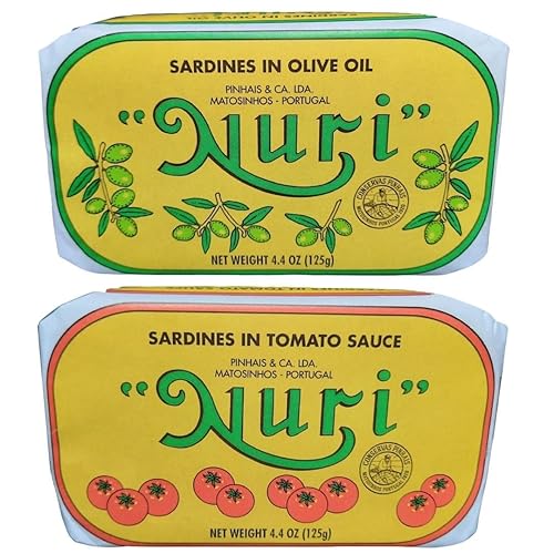 NURI Paquete variado de sardinas portuguesas Paquete de 2 Uno de cada Aceite de oliva Tomate y aceite de oliva