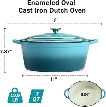 Enameled Oval Dutch Oven Pot with Lid, 7 QT Cast Iron Dutch Oven with Dual Handles for Cooking, Bread Baking, Frying, Non-stick Enamel Coated Oven (Blue-Green)