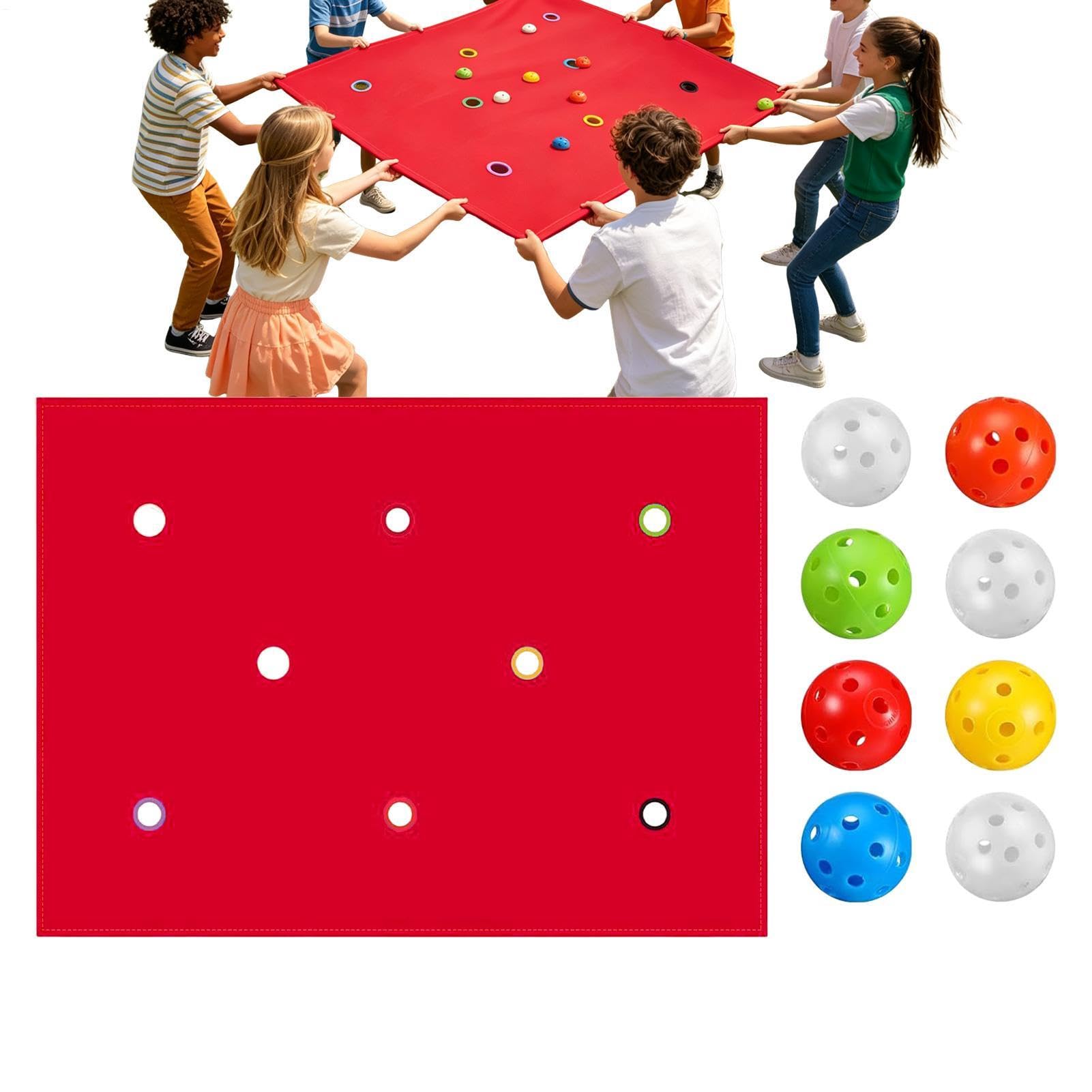 Team Games Lochplane – interaktive Gruppenaktivität, 200 x 145 cm großes Spielfeld aus Stoff, 8 Mehrfarbig abgestimmte Balancierbälle, gewebte Polyesterplane – für Parkspielplätze