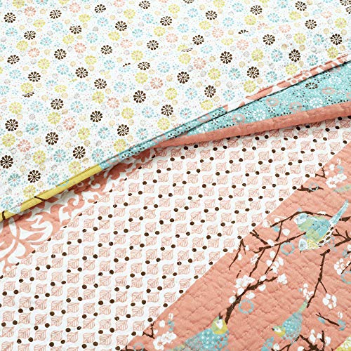 Image of Lush Decor Royal Empire Reversible Cotton Quilt Set - 3 Piece Striped Bedding Set - Bold & Colorful Bohemian Patterns - Soft Cotton Feel - Full / Queen, Blue and Coral