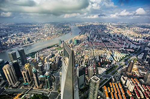 Aerial View Shanghai World Financial Center and Shanghai Skyline Photo Photograph Cool Wall Art Print Poster 24x16