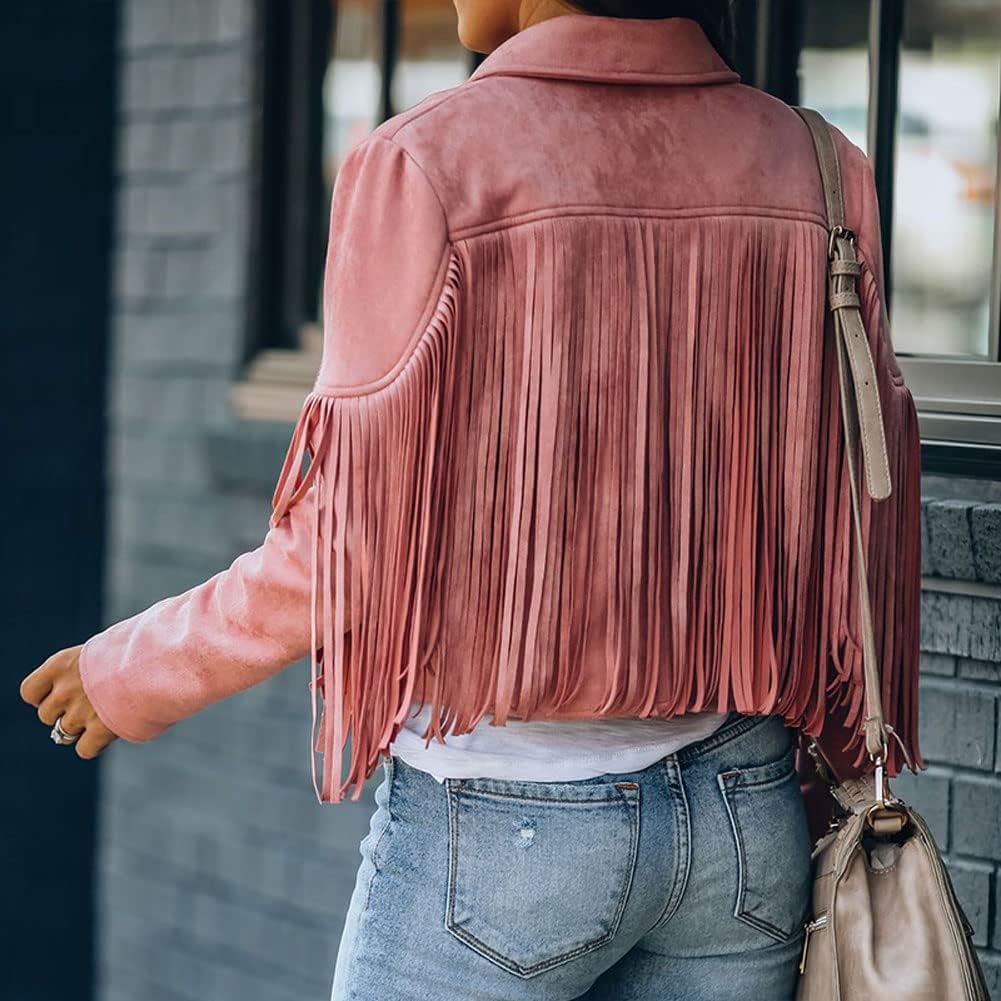 chouyatou Women's Fashion Notched Collar Open-Front Fringed Performance Moto Faux Suede Leather Crop Jacket Coat
