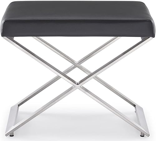 Miniatura 4 de Zuri Furniture Modern Fenix - Otomana de cuero sintético negro con acero inoxidable cepillado