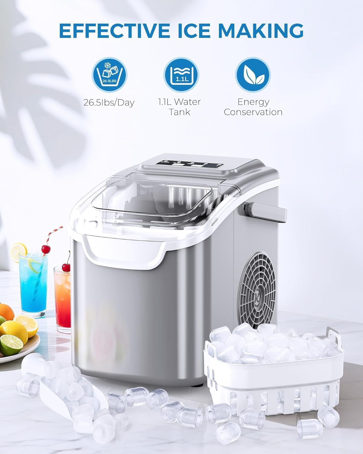 Electactic Pro Ice Maker: Fresh Ice On Demand in 6 Mins! 26.5 lbs/Day, Self-Cleaning & Ultra-Quiet. Perfect for Home Bars, Kitchens & Offices（Light Grey）