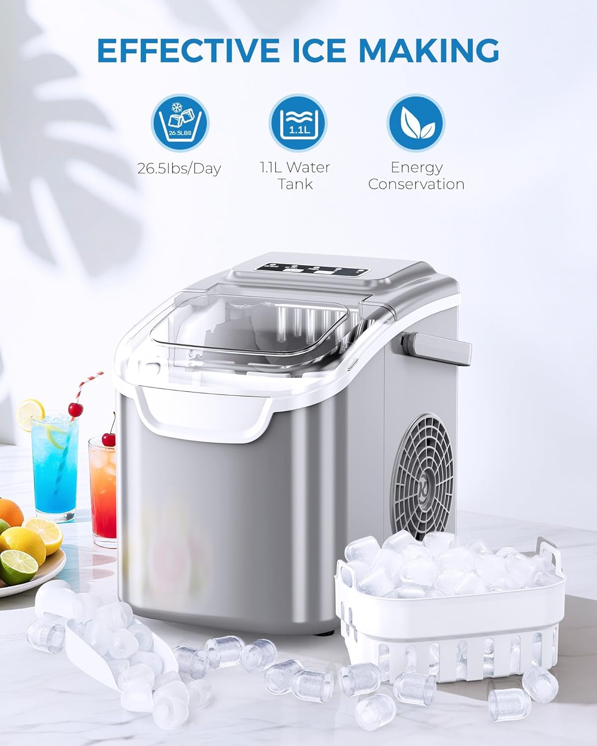 Antarctic Star Countertop Ice Maker Portable Ice Machine with Handle,Self-Cleaning Ice Makers, 26Lbs/24H, 9 Ice Cubes Ready in 6 Mins for Home Kitchen Bar Party (White)