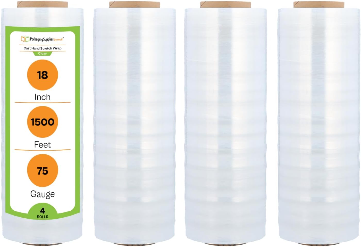PSBM Stretch Wrap, 4 Pack, 18 Inch x 1500 Feet, 75 Gauge, Clear Plastic Cling, Cast Hand Stretch Film Rolls for Packaging Moving Packing Pallets