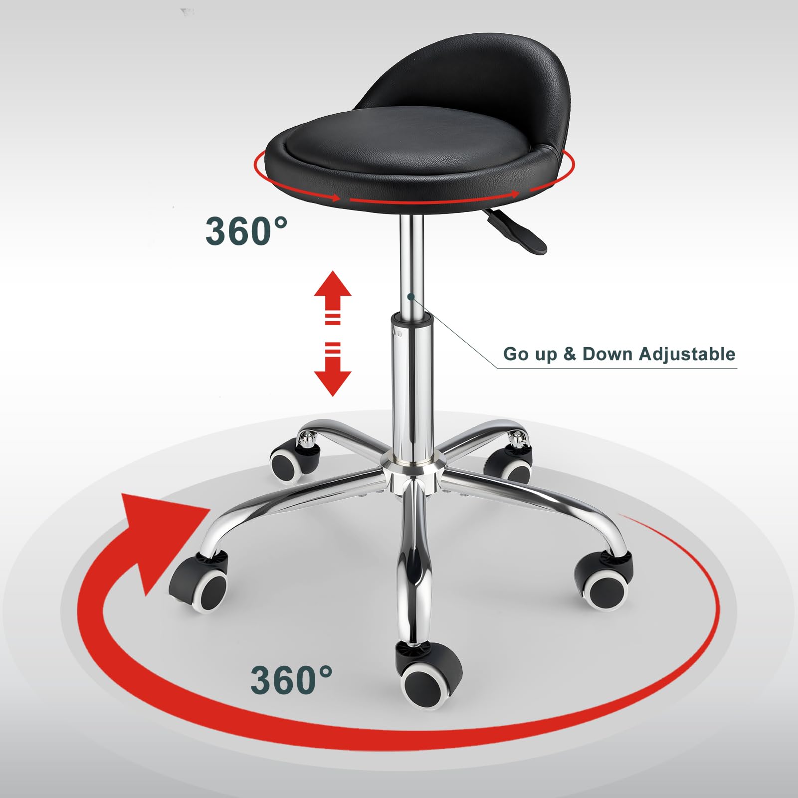 Taburete giratorio con ruedas, altura ajustable, silla de dibujo con respaldo, base estable, color negro