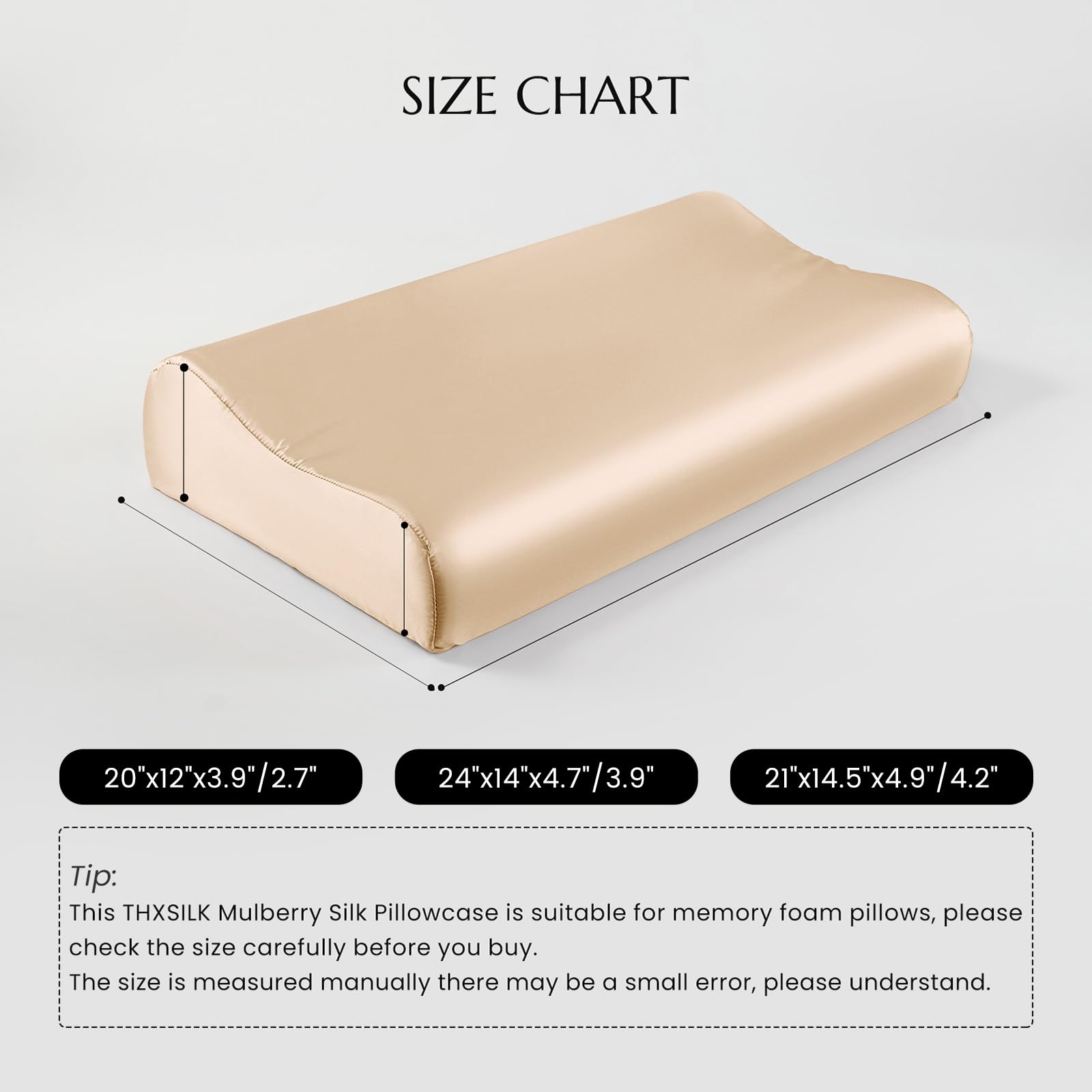 THXSILK 19 Momme 100% Mulberry Silk Pillowcase for Contour Memory Foam Pillow, Contour Pillow Case Cover, Cervical Pillow Case, Pack of 1(Champagne, 20"x12"x3.9"/2.7")