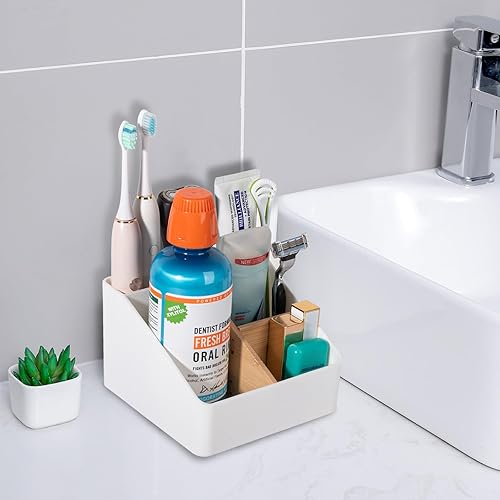 Miniatura 40 de Portacepillos de dientes para baños, soporte para cepillos de dientes de bambú con 5 ranuras, organizador de tocador de baño, encimera para cepillos