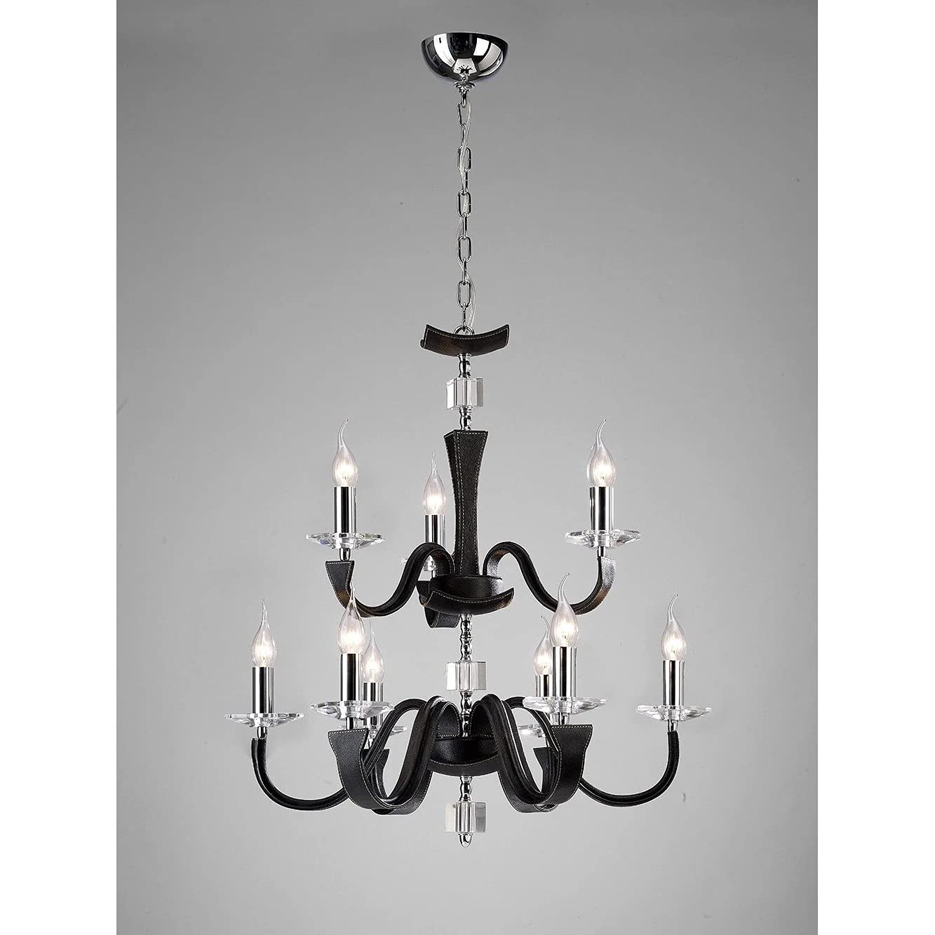 Diyas Nardini Crystal/Metal/ Faux Leather Chrome/Black Hanging Light with 9 Lights.