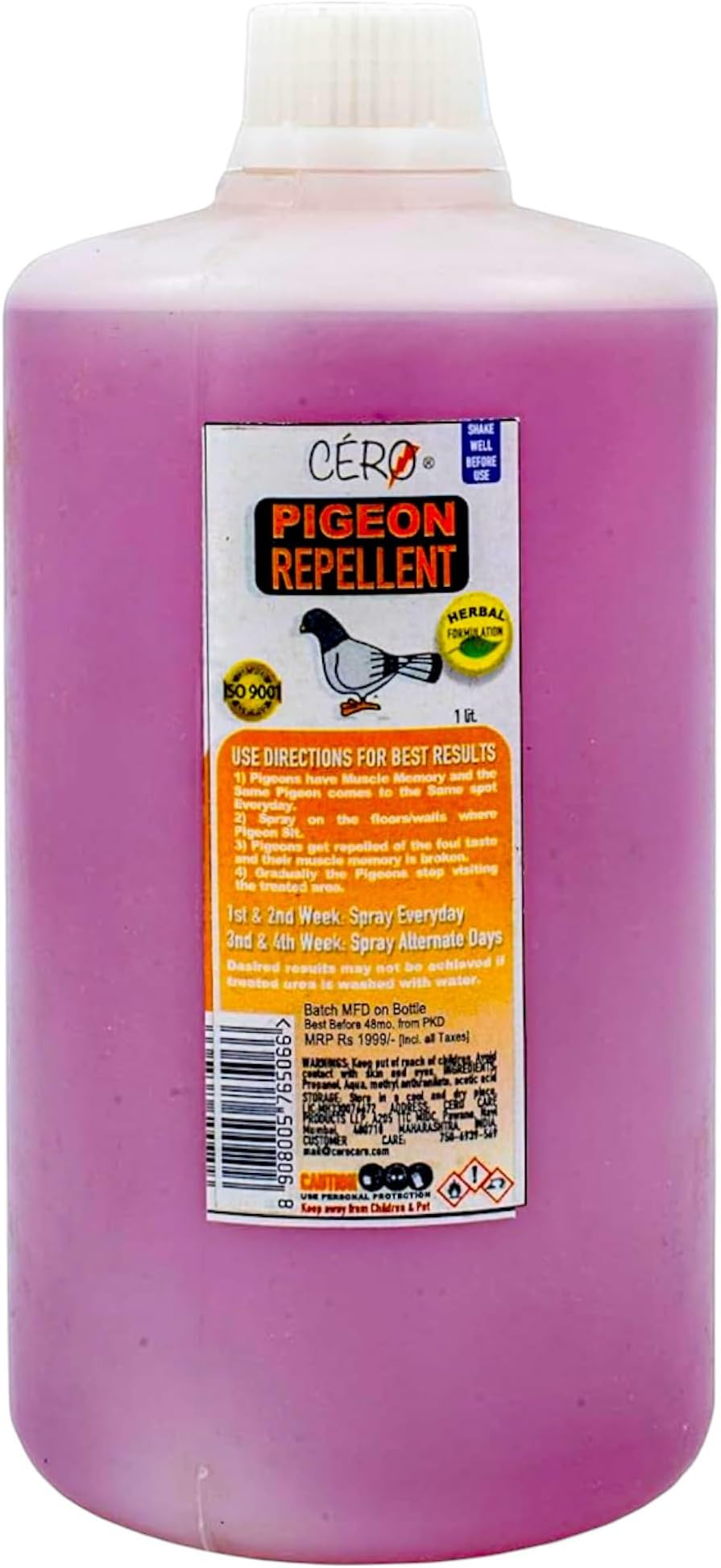 CERO New Herbal Pigeon Repellent for Balcony, Yard, Roof, Repel and Repulse, Unique Water Based Formulation, Better Than Anti Pigeon Spikes, Spray on Floor and Wall Where Bird Sit- 1Ltr