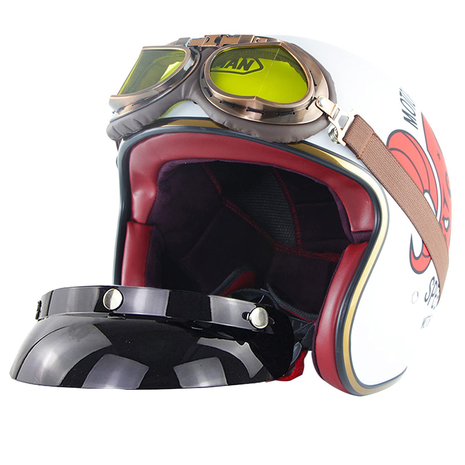 Motorbike Helmets Mens, SM512 - S~XXL Open Face Jet Helmet with UV50+ Sun Visor & 100% Wind-Proof Goggles, Vintage Harley Motorcycle Moped Scooter Half Helmets for Women
