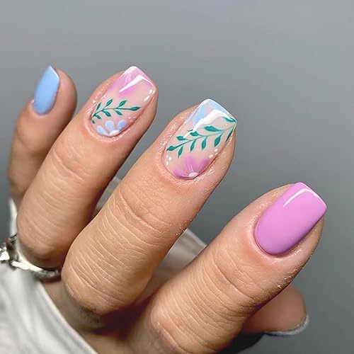 Uñas postizas a presión de otoño, uñas postizas cortas cuadradas MABKJLF de cobertura completa, uñas postizas blancas con diseños de lámina dorada,