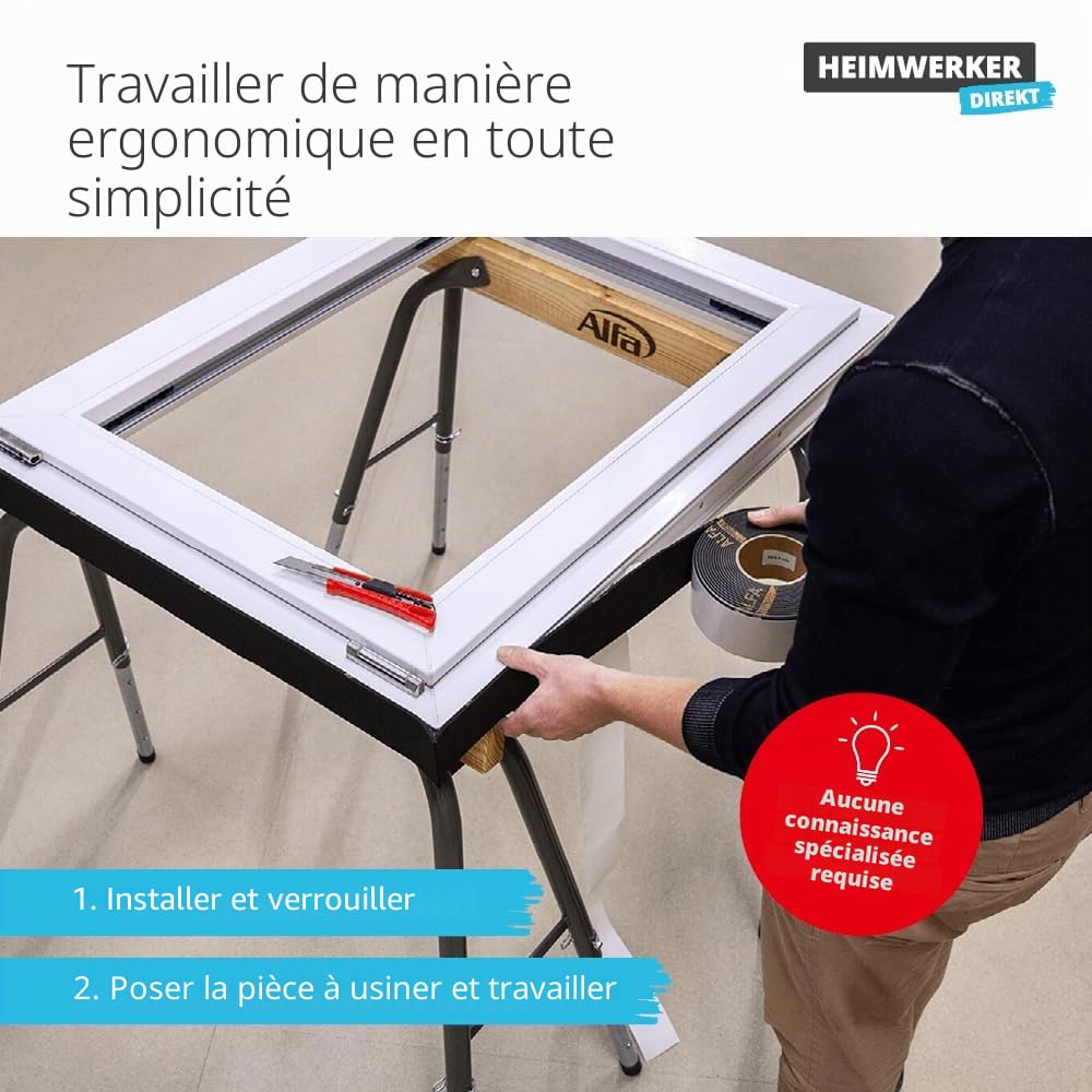 Alfa Tréteaux de chantier pliants – Supports de travail – 2 pièces | Tréteaux de travail réglables en hauteur en acier robuste et bois, charge maximale : 300 kg, pratique et peu encombrant