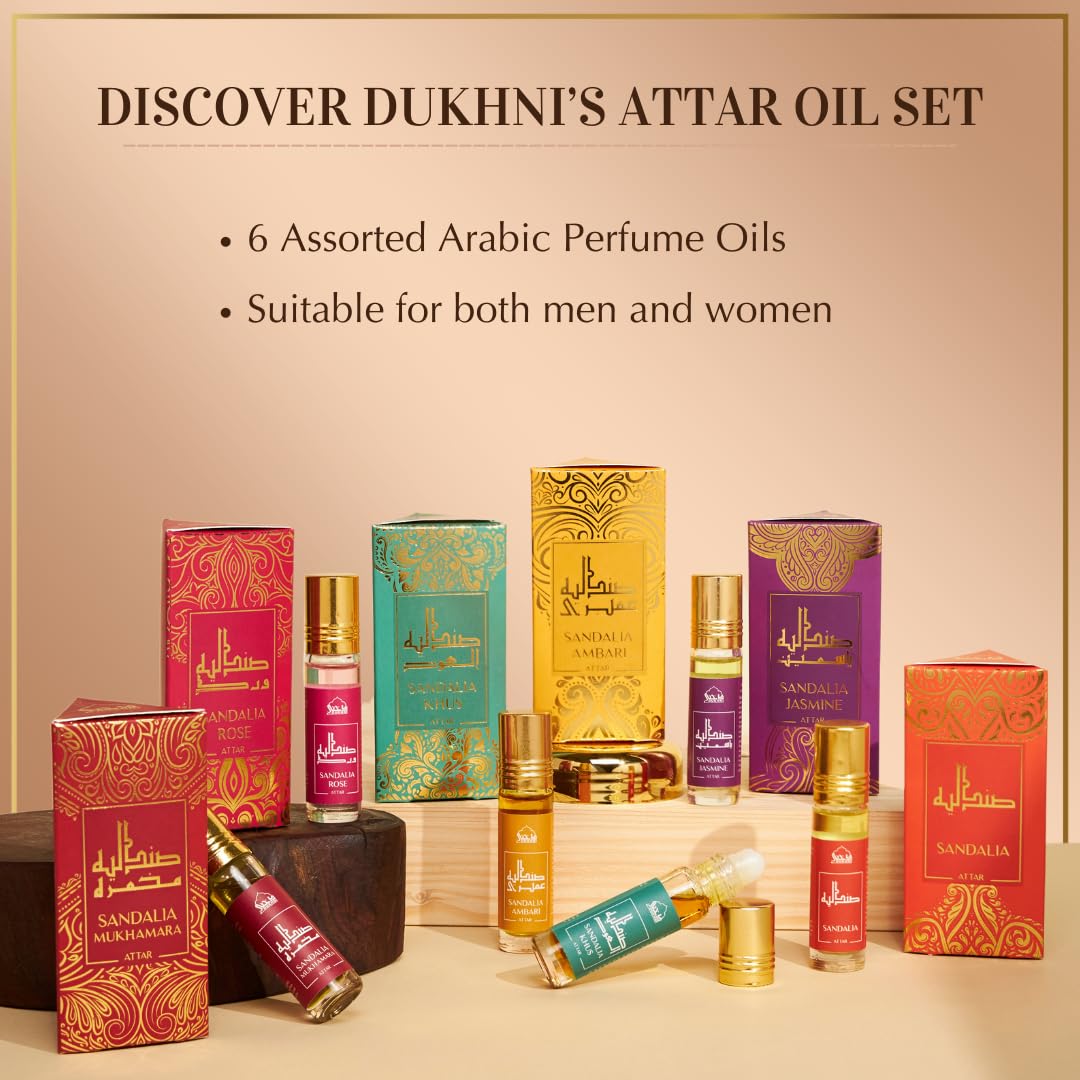 Sandal Attar Set by Dukhni |6 x 6ml Roll on Perfume Oils | Islamic Gifts