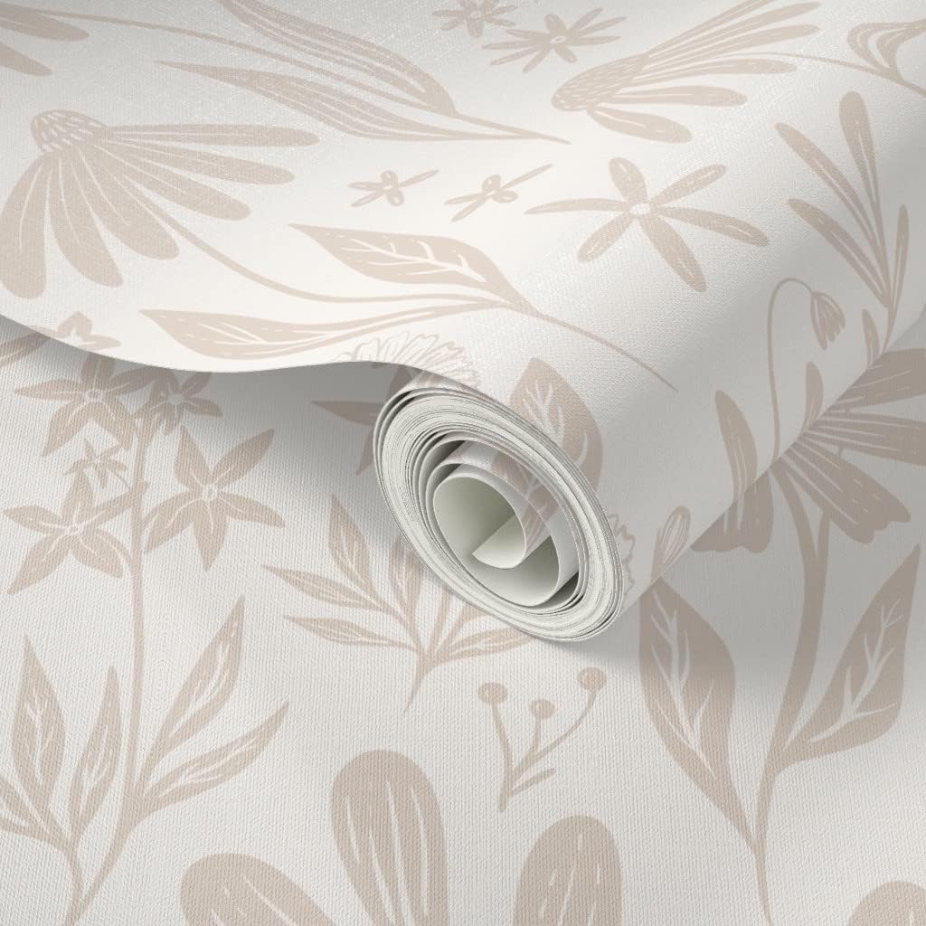 Peel & Stick Wallpaper 3ft x 2ft - Wildflowers Tan Cream Flowers Leaves Floral Modern Custom Removable Wallpaper by Spoonflower