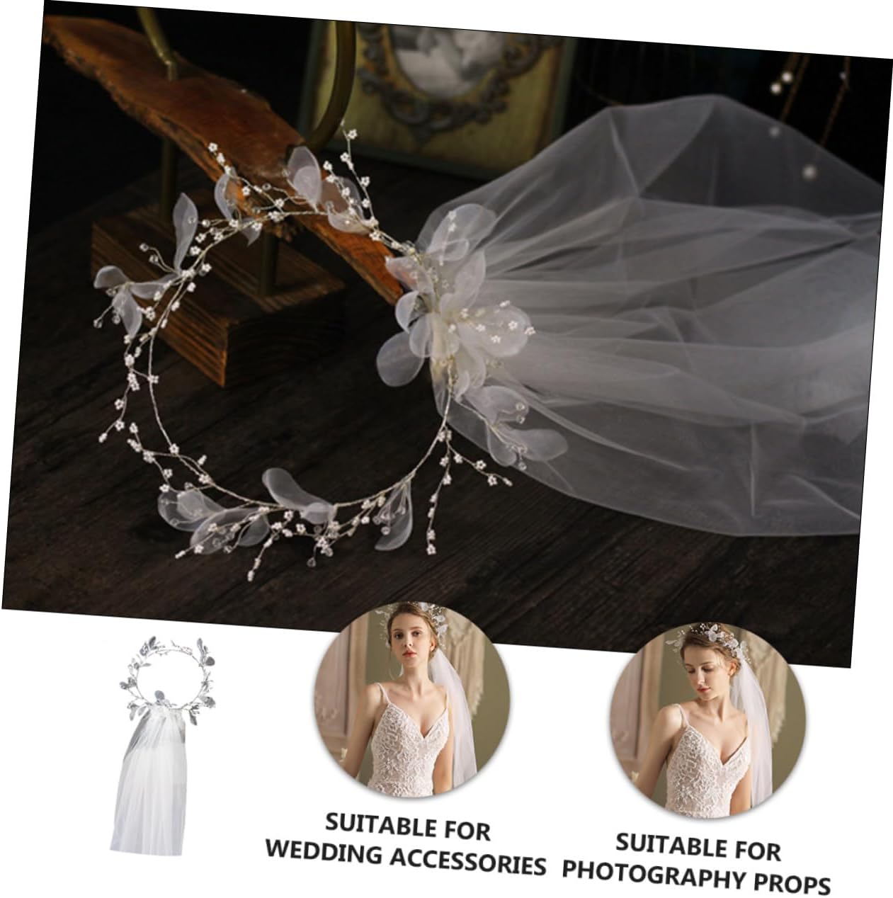 VALICLUD 1pc Elegant Bridal Wreath Veil Delicate Beads White Wedding Accessory for Brides Lightweight Soft Tulle for Romantic Ceremonies for Special Occasions