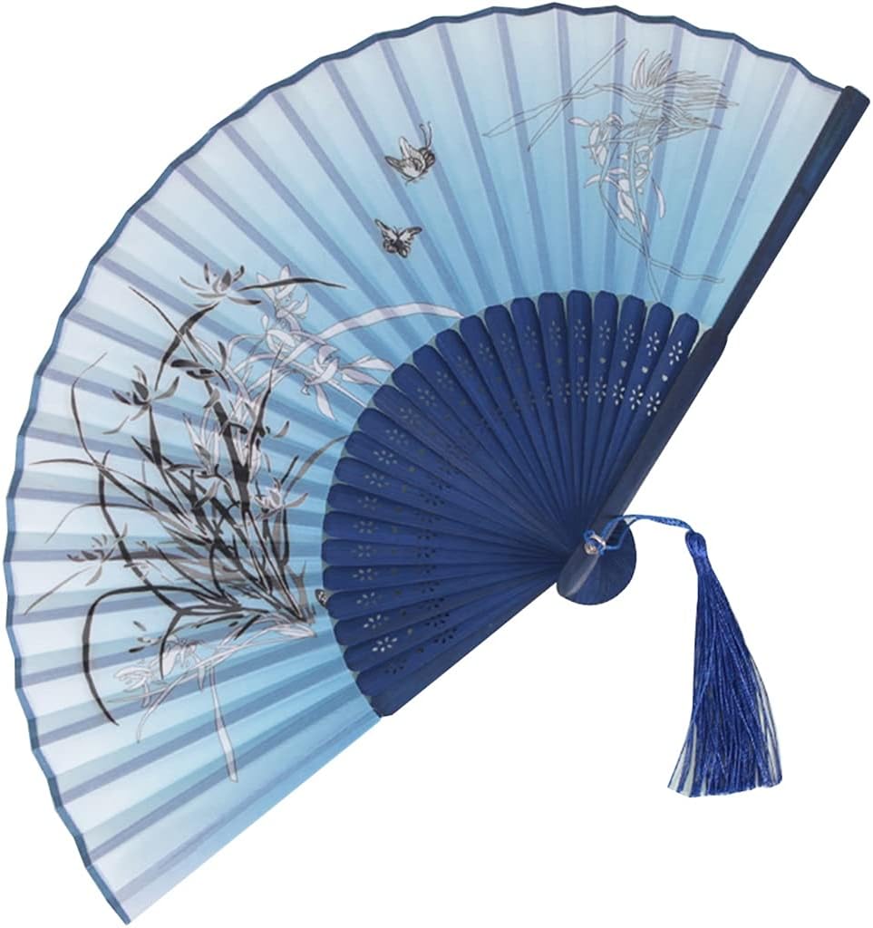 Folding Fans for Parties Elegant Blue Printed Ladies Hand Fan Church Wedding Fan is Decorated with Tassels (Color : Blue-D Size : 38cm4) (Blue g)
