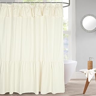 Ruffled Farmhouse Shower Curtain,Beige Fabric,Country and Chic Style,72x72 in
