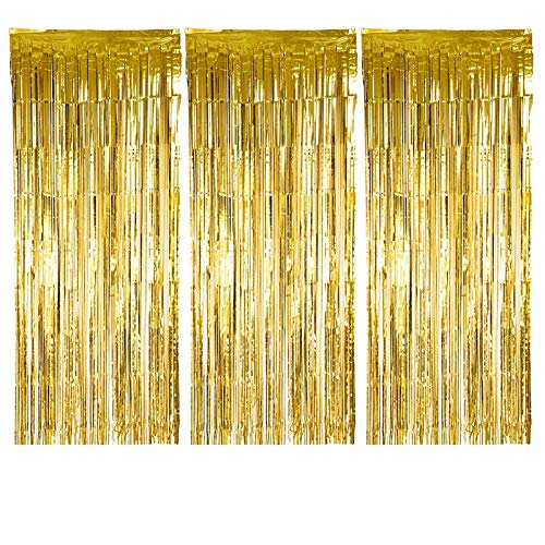 Metallic Gold Silver Foil Fringe Curtain Shiny Tinsel For Party, Birthday, Prom, Photo Booth, Special Event (3' x 8' ft) Curtains (3-Pack Gold)