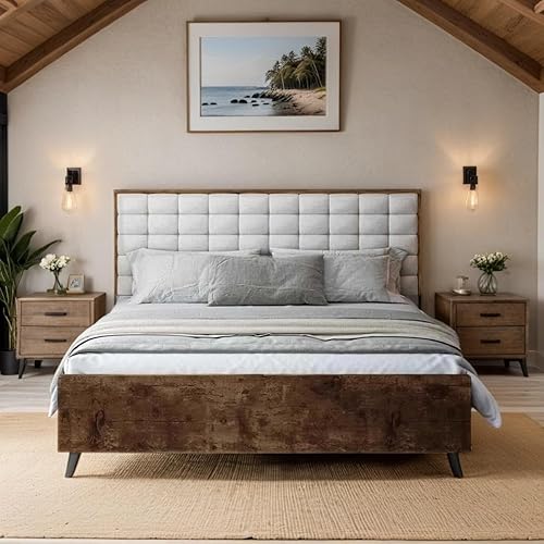 Miniatura 4 de HOMBCK Base de cama matrimonial con cabecero, base de cama de madera con cabecera cuadrada copetuda, cama de plataforma tapizada, resistente,