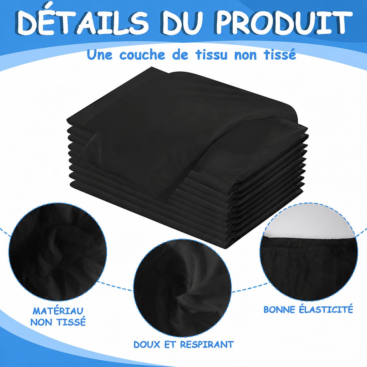 Lot de 40 Draps-Housses Jetables pour Table de Massage, 220 x 100 cm, Noir