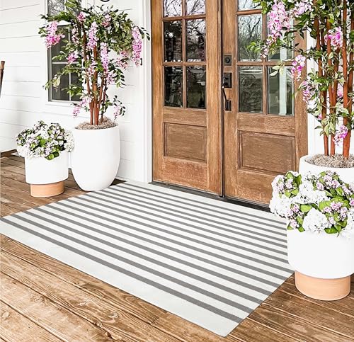 KIhipIoe 3'x5'Outdoor Rug,Striped Cotton Woven Washable Front Porch Rug Farmhouse Entry Rug Indoor Outdoor Area Rug for Porch/Home Entrace Decor/Bedroom/Layered Door Mats