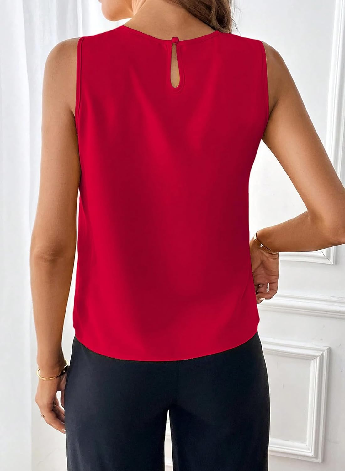 Samefar Womens Summer Tank Tops Pleated Crewneck Casual Loose Chiffon Blouses Sleeveless Tops Business Work Shirts - Image 2