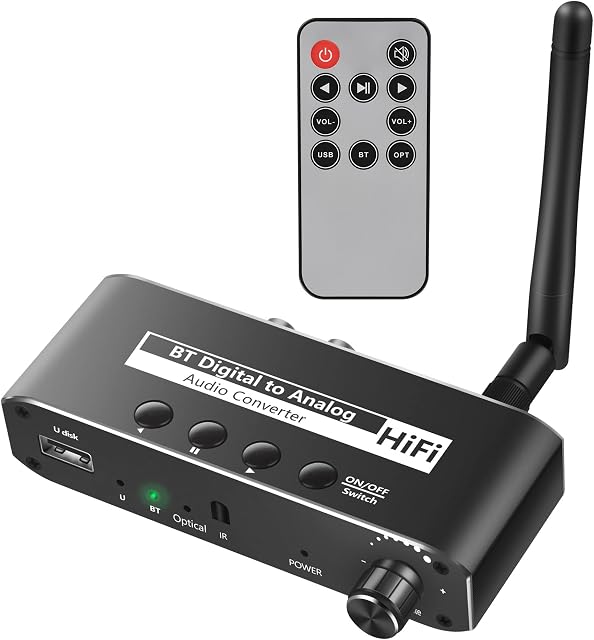 DAC Converter, Mikeric Bluetooth Receiver with BT 5.0 Optical Cable input USB Flash Player to Analog Stereo Audio RCA L/R and AUX 3.5mm