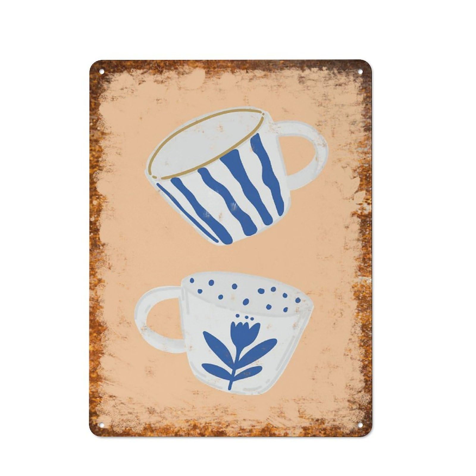 peiyeety Metal Tin Sign Two Stacked Cups Pattern Vintage Rustic Wall Art Kitchen Bathroom Bedroom Living Room Cafe Farmhouse Entryway Office Garage Home Bar Laundry Room Porch Patio 6x8 Inch