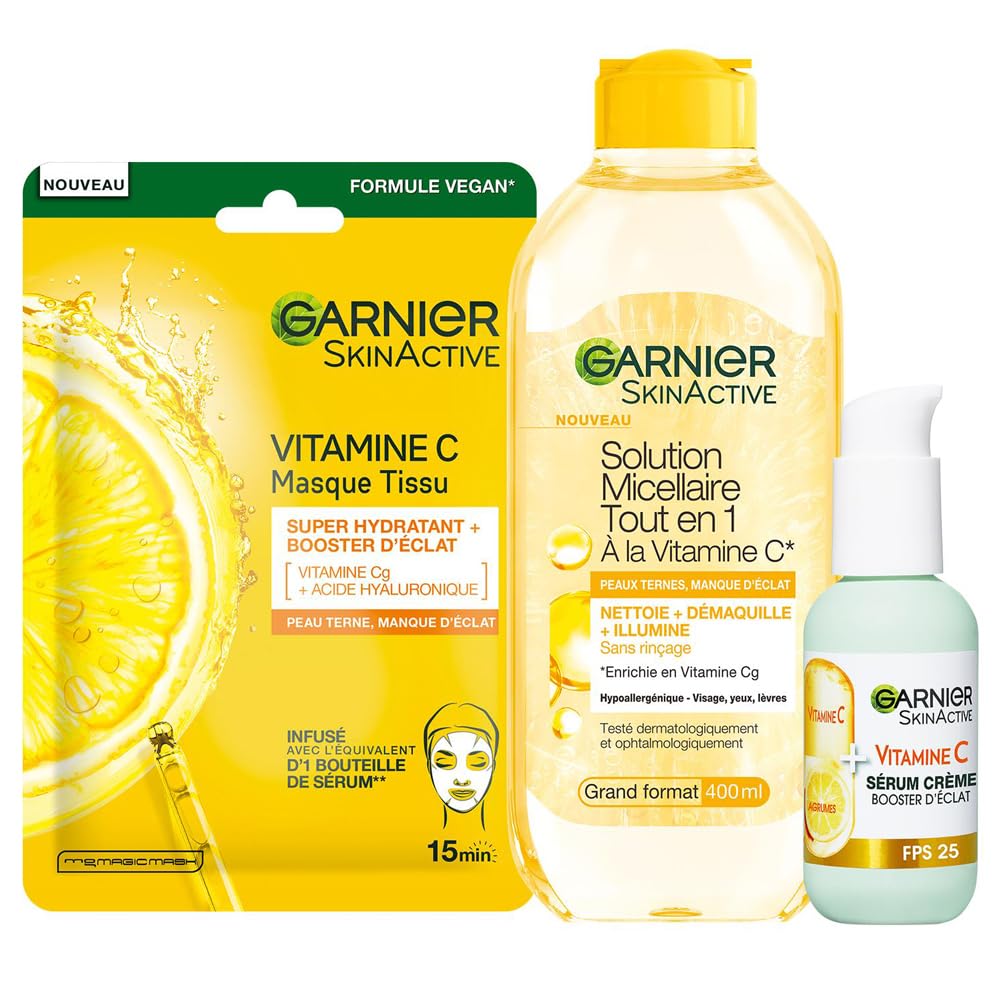 Garnier - Coffret Routine Eclat 3 Produits - Enrichie en Vitamine C - Pour les Peaux Ternes - Sérum Crème Visage (50 ml), Masque Tissu Hydratant, Eau Micellaire Tout en 1 (400 ml)