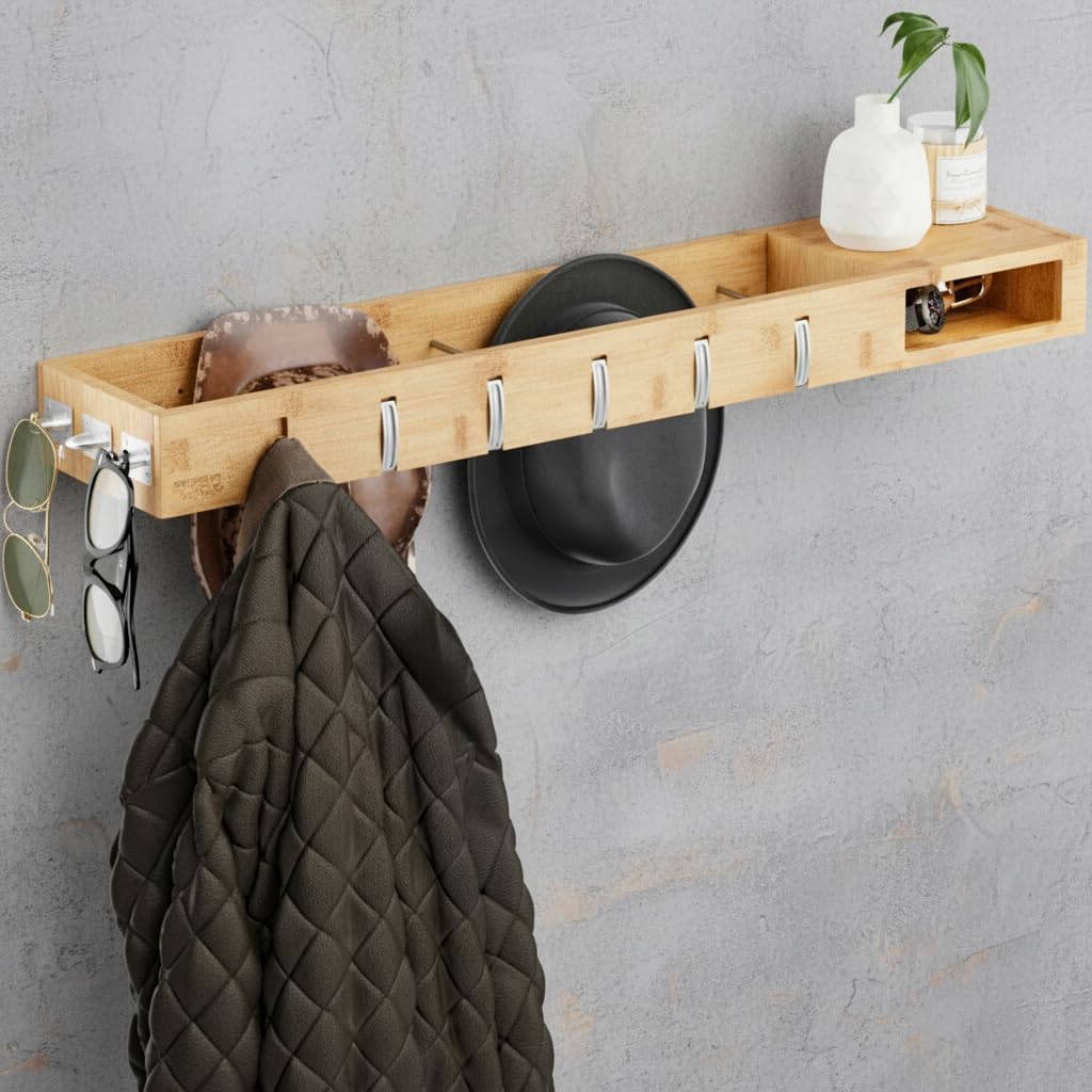 Wandgarderobe Holz – Platzsparende 4in1 Garderobe - 100cm | Garderobenpaneel mit Ablage, Haken, Kleiderstangen, Brillenhalter – Garderobenleiste für Flur, Schlafzimmer, Wohnzimmer