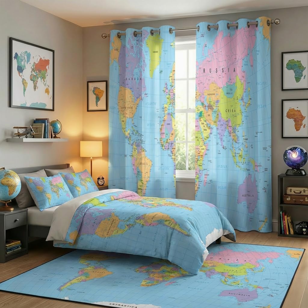 World Map Blackout Curtains for Girls Boy Home Decor, Geography Educational Tourist Map Grommet Thermal Insulated Drapes Darkening Window Curtain for Bedroom Living Room, 84 x 84 Inch