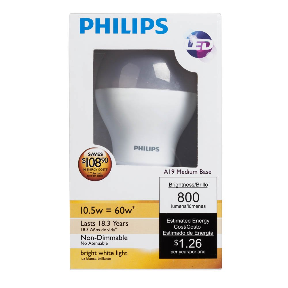 Philips 429381 10.5-watt (60-watt equivalent) 800 Lumens 3000K A19 LED Household Light Bulb, Bright White