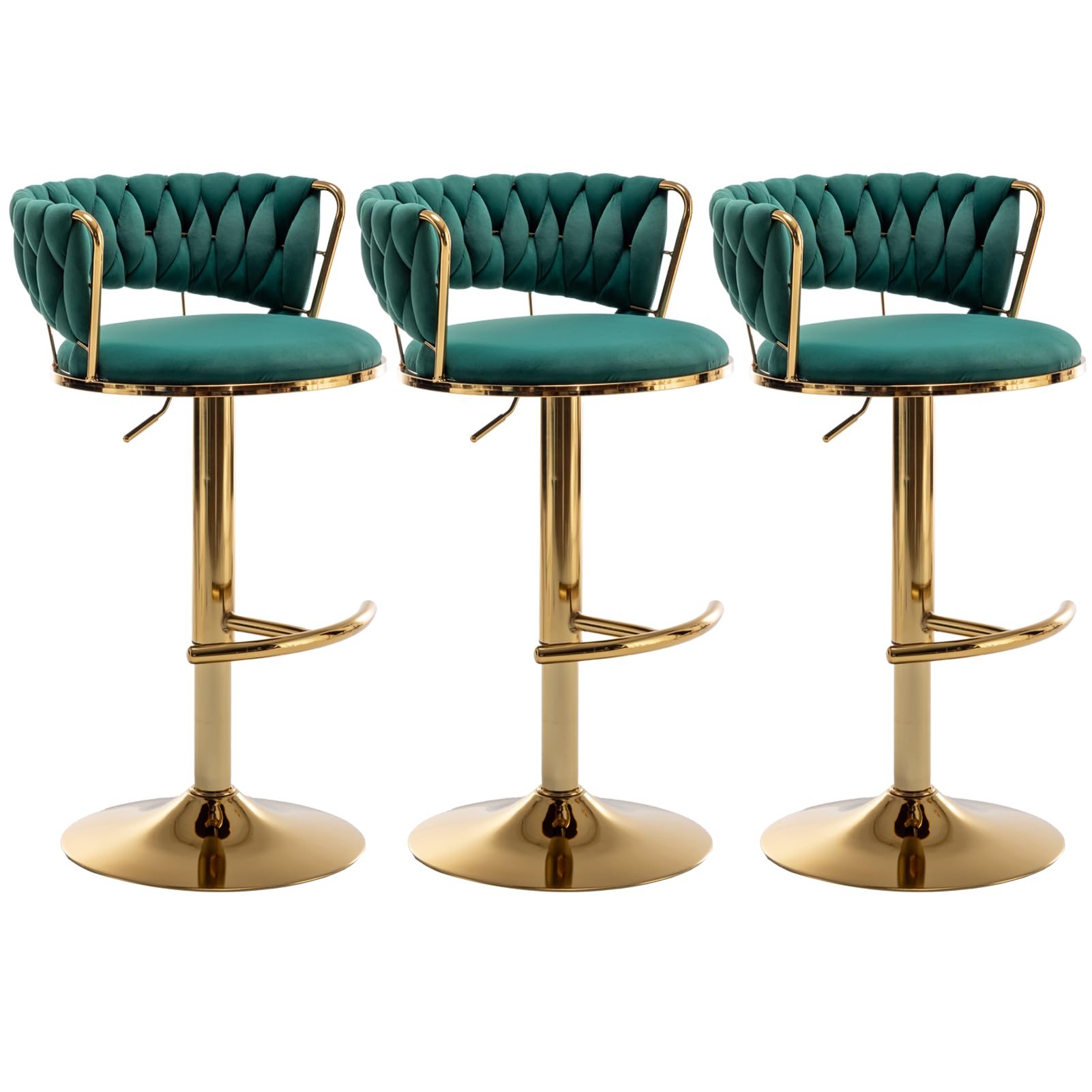 Riknuxi Velvet Bar Stools Set of 3, Counter Height Barstools with Low Back, Gold Swivel Bar Stool for Kitchen Island, Pub (Green)