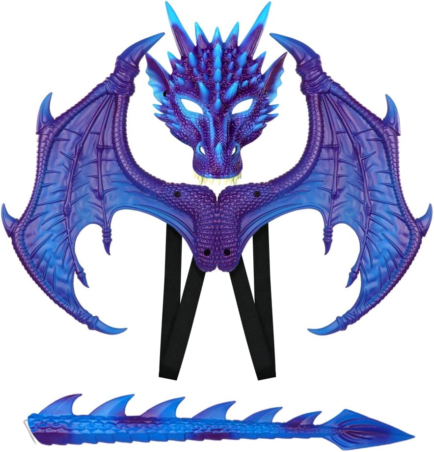 CRTEPST Dragon Costume for Kids Boys Girls, Dragon Wing Tail Mask Set,Halloween Dinosaur Cosplay Set for Child