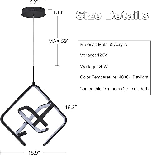Miniatura 4 de Lámpara de araña LED moderna geométrica de 26 W 4000 K, lámpara LED cuadrada de 15.9 pulgadas, iluminación colgante LED para isla de cocina,