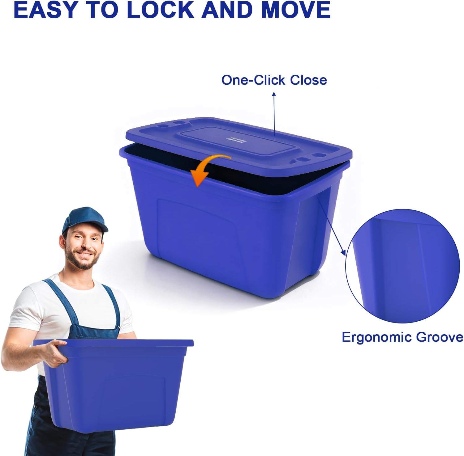 Storage Bins with Lids - Made in USA 18-Gallon (72-Quart) 4-Pack Storage Totes with Lids, Plastic Stackable Containers Large Storage Boxes for Home and Office Organization Blue/Blue