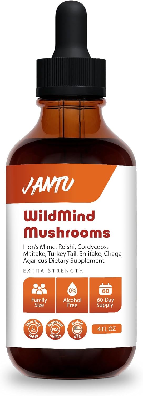 Jantu WildMind Mushrooms Liquid Extract - 60-Day Supply - Brain Booster & Immune Support Drops - Lion`s Mane, Cordyceps, Reishi, Turkey Tails, Chaga, Mitake, Shiitake, Agaricus