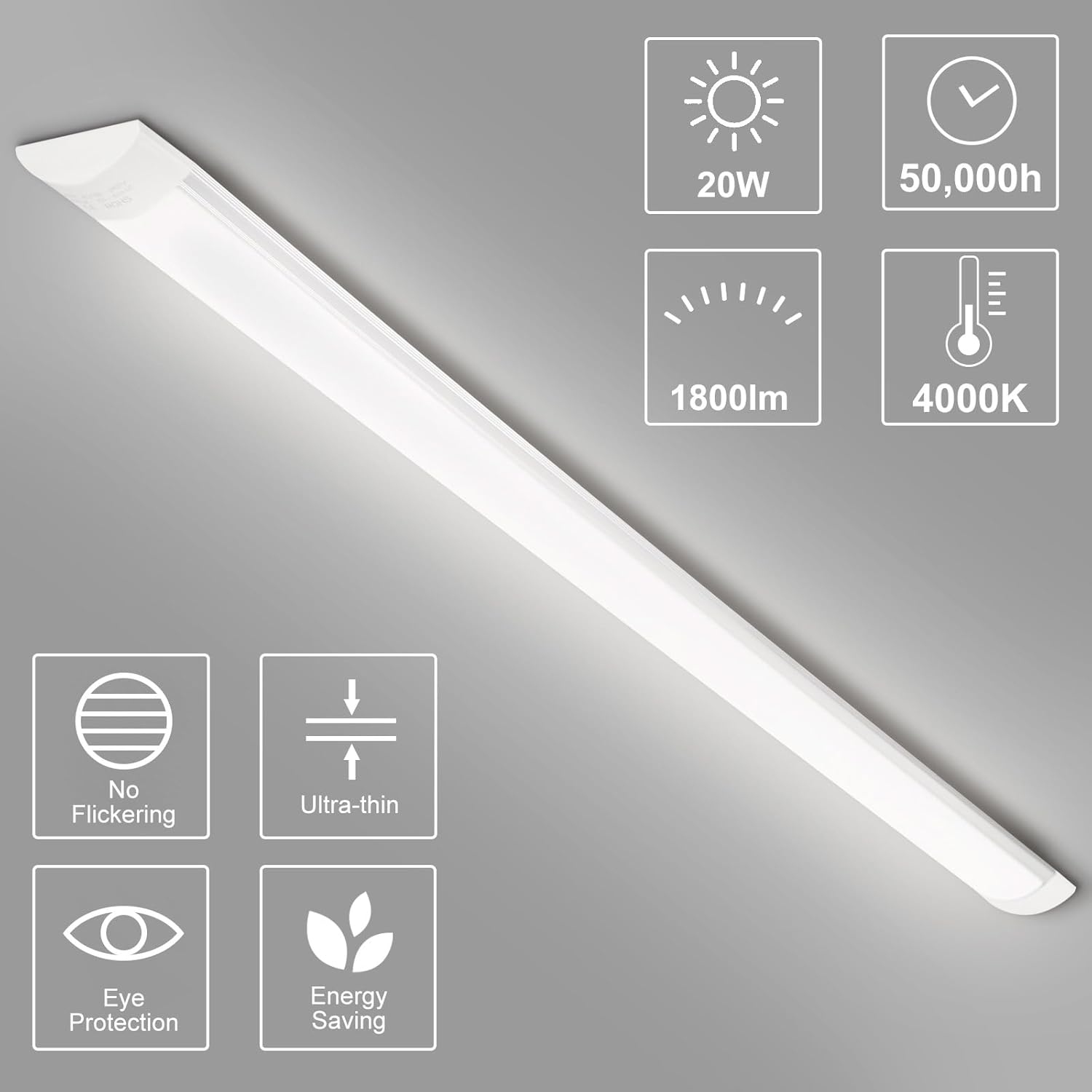 2-Pack 2FT LED Batten, Close to Ceiling Light fixtures, 20W, Ultra-Thin Day Light, 4000K, IP20, LED Ceiling Light for Garage, Stores, Warehouse, Office, Corridor, supermarkets, etc.