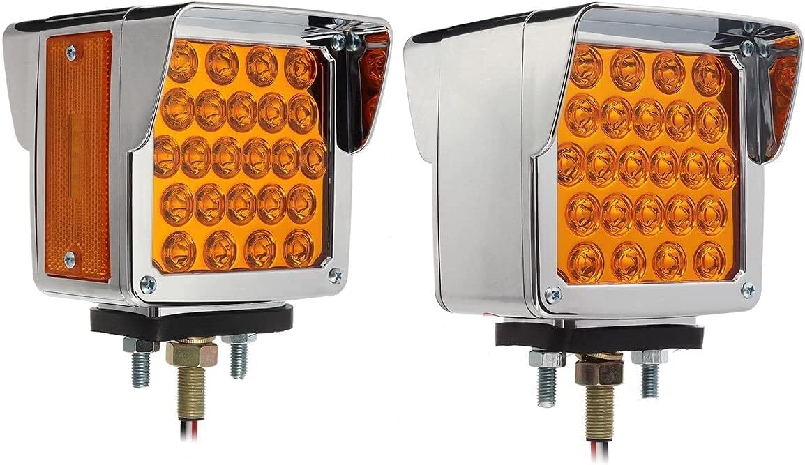 Partsam Pair Truck Trailer 52 LED Red/Amber Square Double Face Pedestal Fender Stop Turn Tail Lights Three Stud Mount Bezel Visor+10x 6.2 LED Marker Clearance Light 12LED Pigtail Amber Trailer Lights