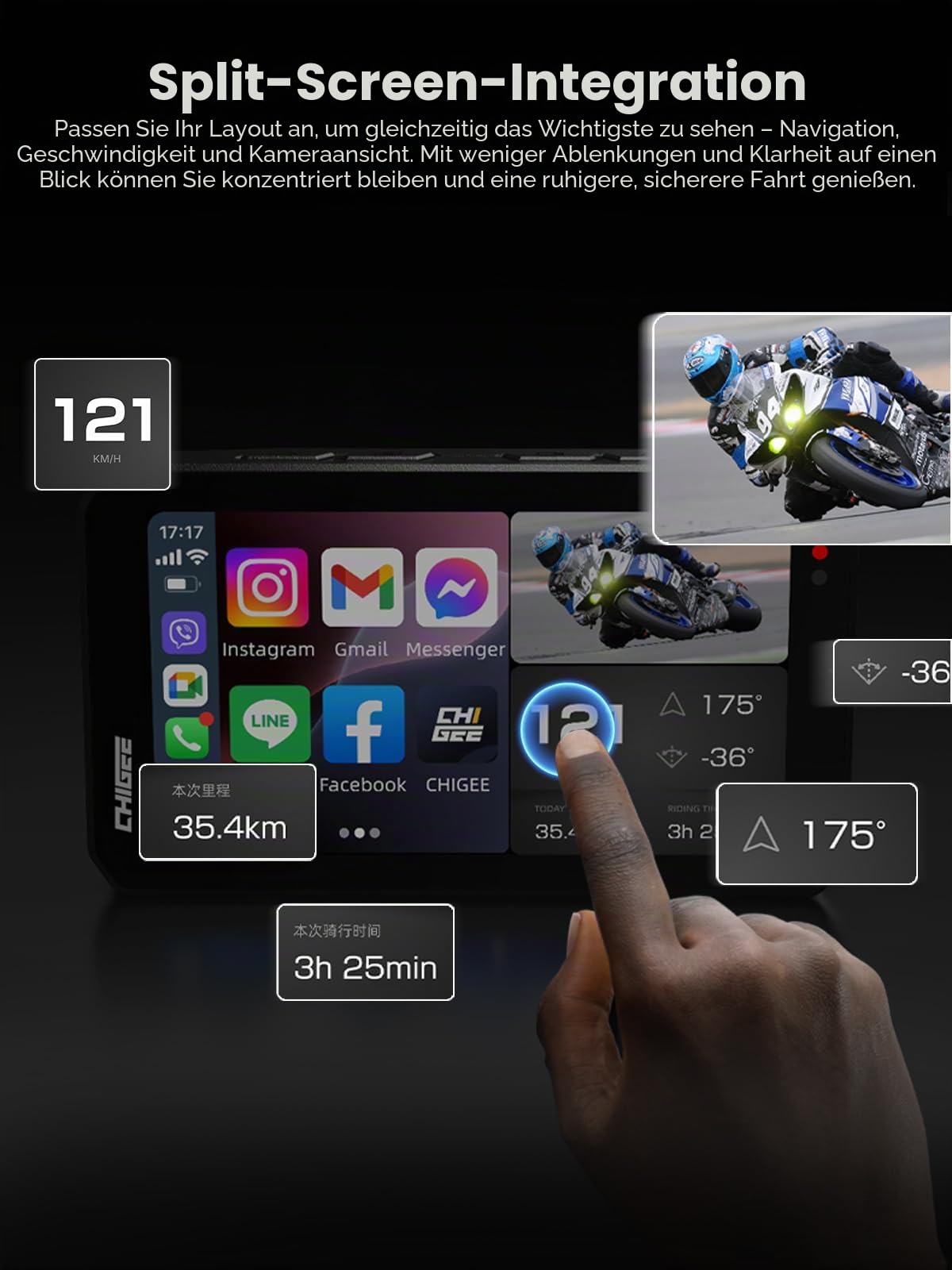 CHIGEE AIO-5 EVO Motorcycle Smart Riding System, Wireless CarPlay & Android Auto, Dual 1080P Front & Rear Dash Cam, Blind Spot Detection (BSD), 5" Waterproof Display, Parking Mode