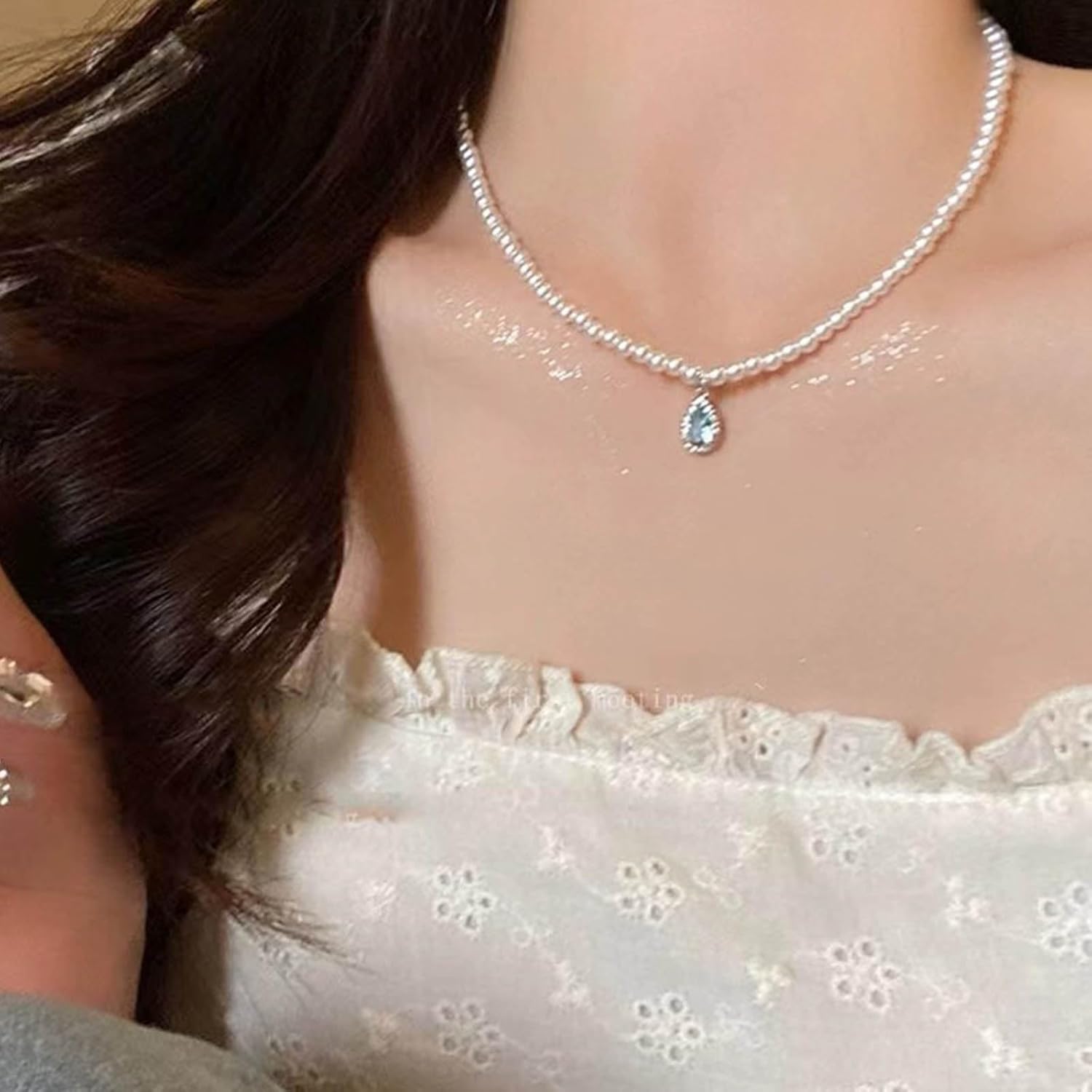 Boho Teardrop Pendant Necklace Round Pearl Necklace Choker Teardrop Necklace Chain Blue Crystal Necklace Vintage Pearl Beaded Necklace Jewelry for Women and Girls Gifts - Image 2