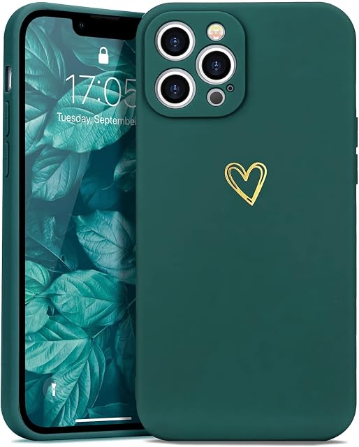 Wirvyuer Compatible with iPhone 13 Pro Phone Case for Women Girls Silky Soft Protective Shockproof Silicone Case with Gold Heart Pattern Design Green Cover