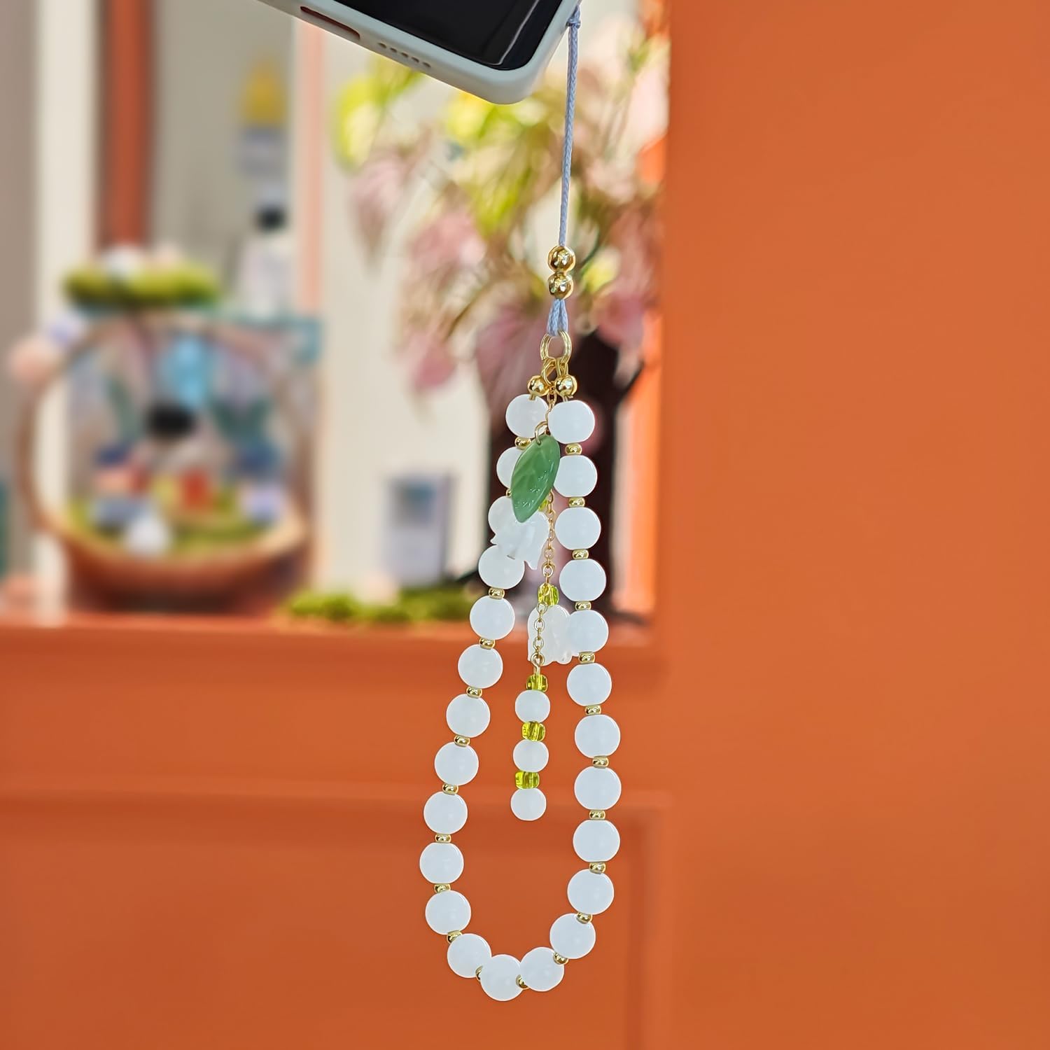 Lily of the Valley Phone Charm，Hands-Free Cellphone Wrist Strap，Handmade Cute Accessories for Women Girls，Beaded Chain for Camera Keys AirPods Bag