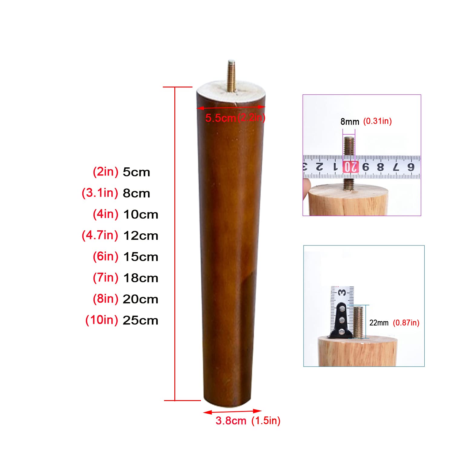 Set di 4 Gambe per Mobili In Legno Massello,Bullone M8 Colore Noce Gambe Per Divano Piedini di Ricambio,per Armadio,Sedia,Comò,Letto,Tavolino Accessori Hardware per Mobili (25cm)
