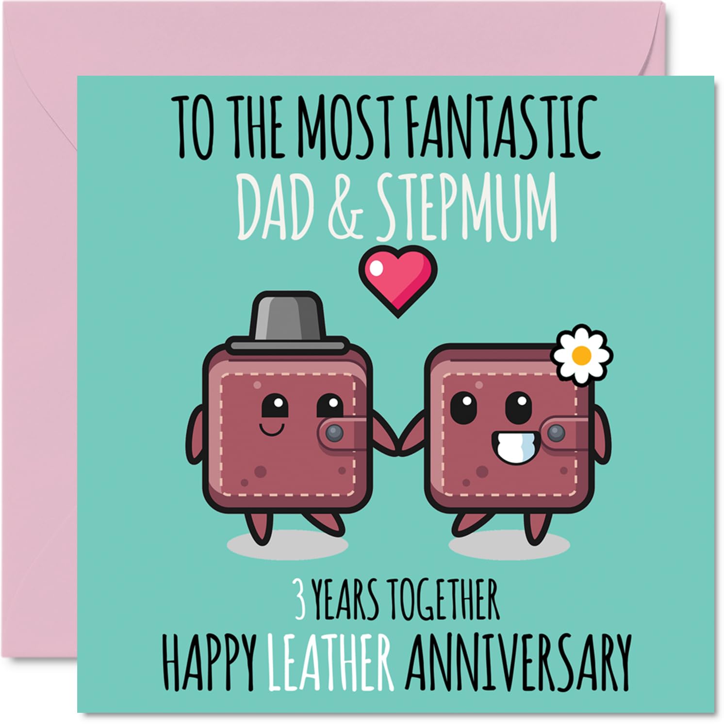 Cute Leather Anniversary Card for Dad & Step Mum - 3 Years Together - Happy 3rd Wedding Anniversary Cards for Step Mum Dad, 145mm Greeting Cards Anniversaries