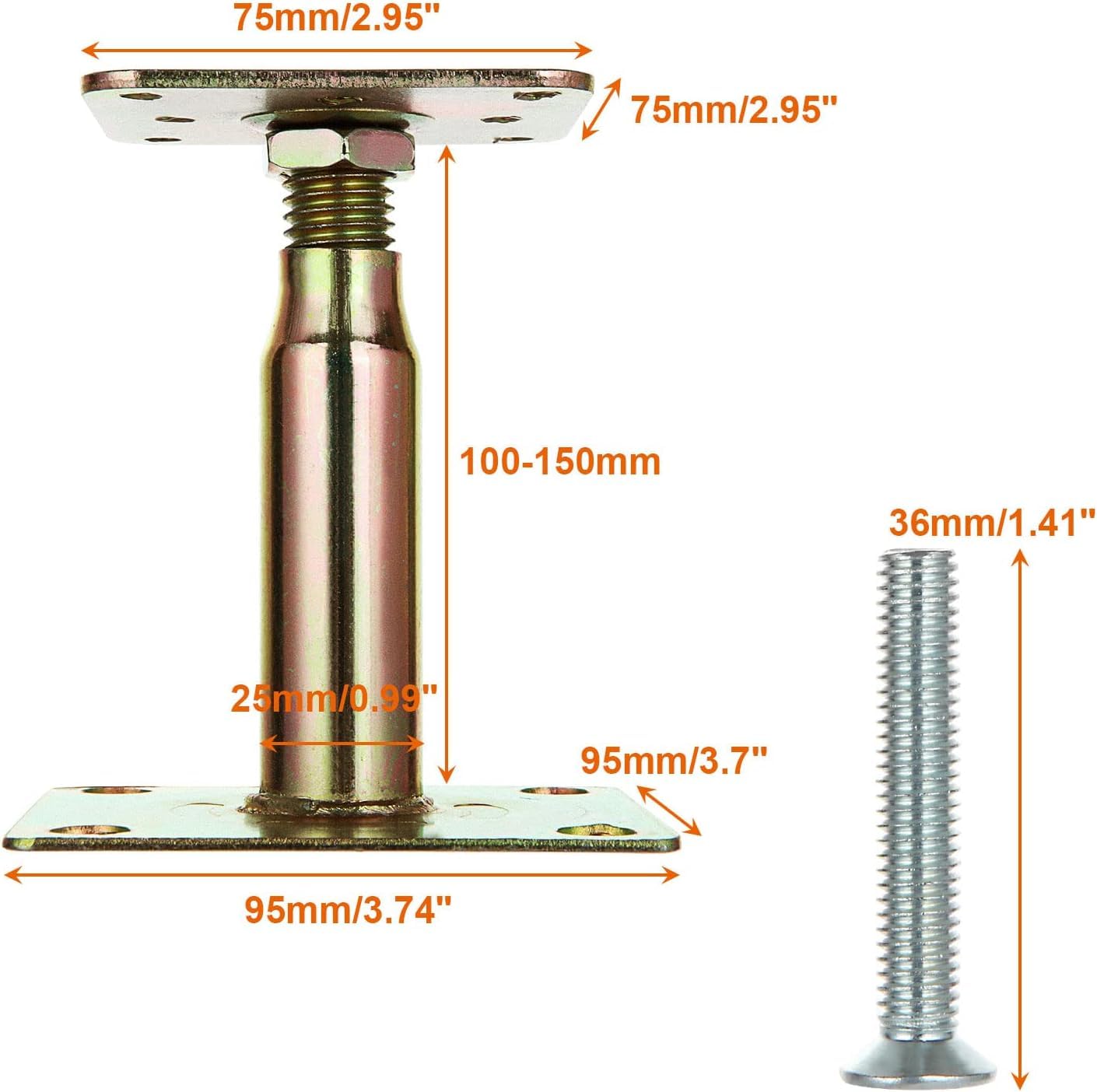 4PCS 100-150mm Galvanised Adjustable Elevated Post Base Support, Heavy Duty Roof Support for Building Yellow Zinc - Image 2
