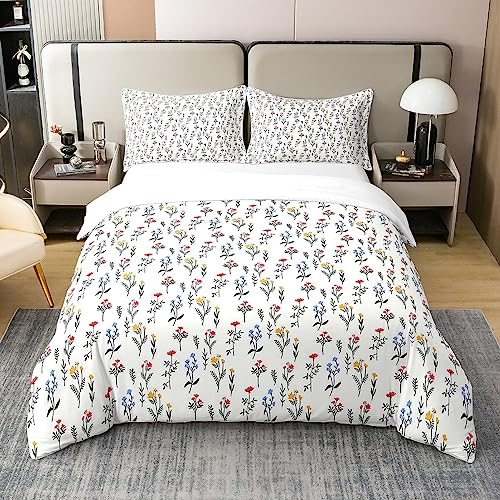 Homewish Cotton Aesthetic Bedding Set Single,Boho Floral Comforter Cover,Blue Red Yellow Flowers Duvet Cover,Blossom Botanical Leaf Branch Farmhouse Theme Quilt Cover for Kids Girls Soft Reversible